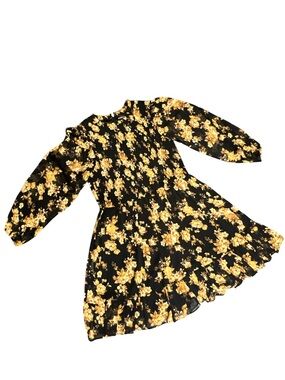 Black & Yellow Floral Long-Sleeve Smocked Waist Dress Size 14 Harper 241